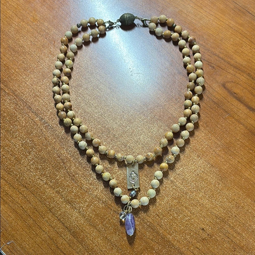 Tan and Purple Double-Strand Necklace with Pendant